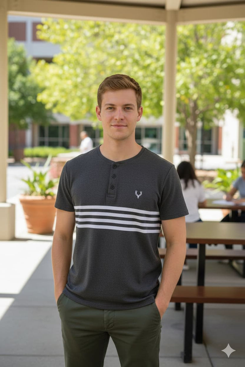 MENS GREY HENLEY T-SHIRT