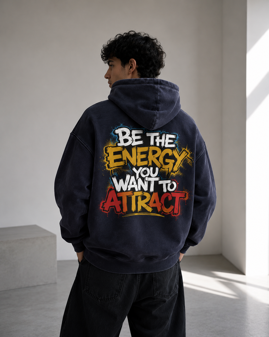 Person wearing a hoodie with motivational text on the back in a minimalistic setting